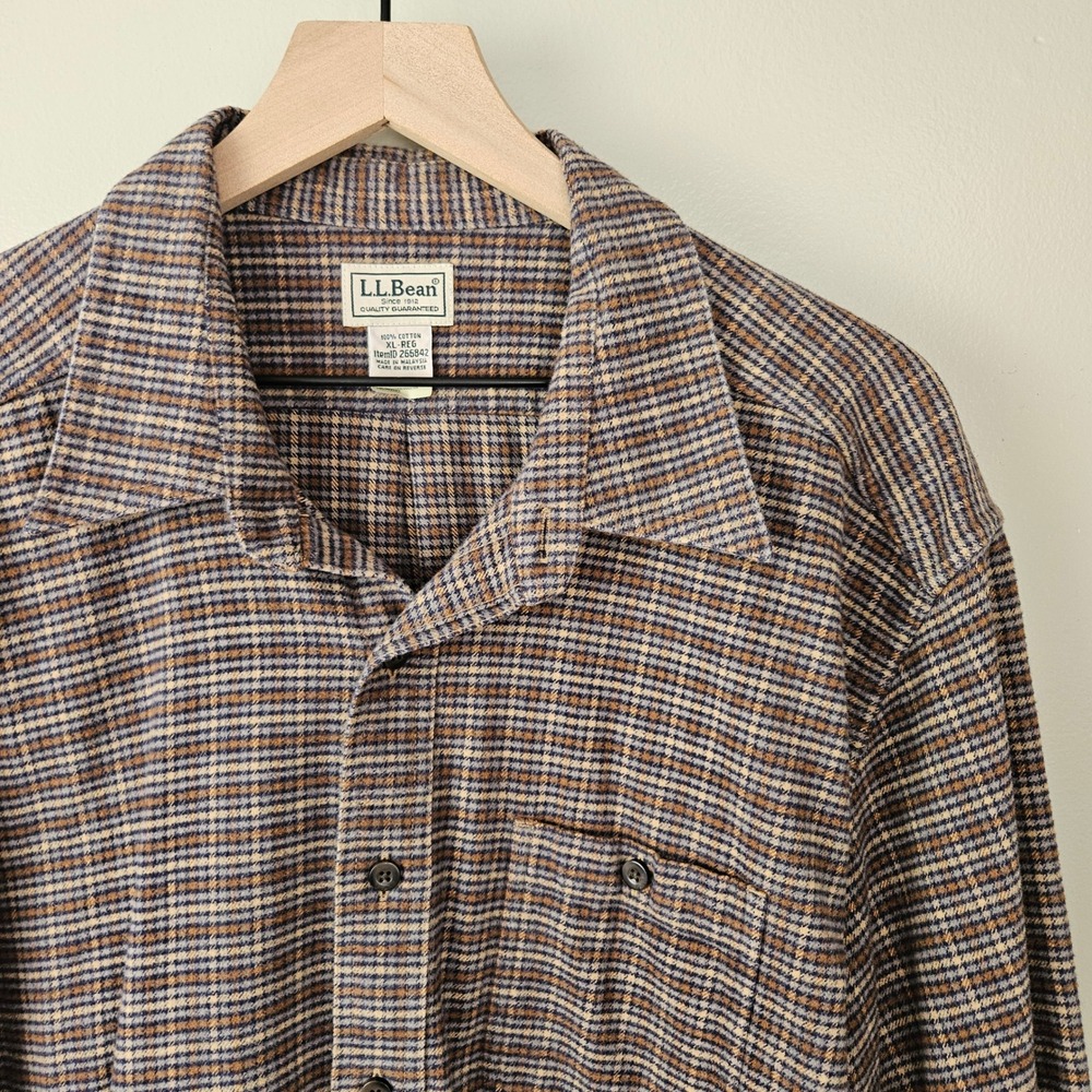 Vintage LL Bean Thick Flannel Button Front Shirt Men's XL Reg‎ Brown Blue Tan